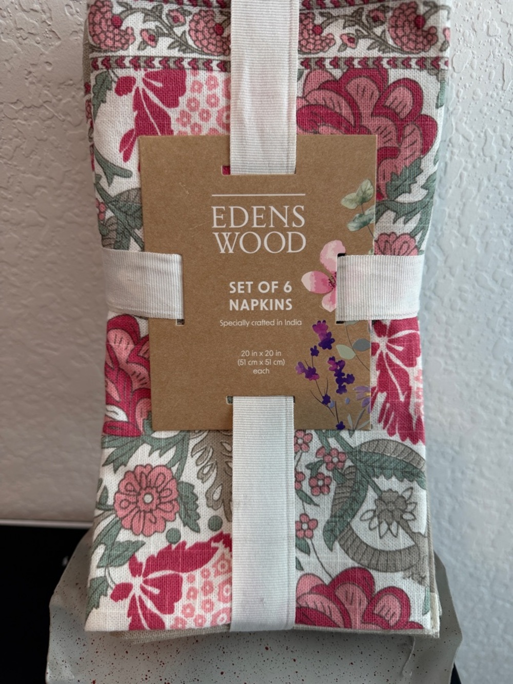 Edens Wood Floral Cotton Table Napkins - Pink & Tan Set of 6